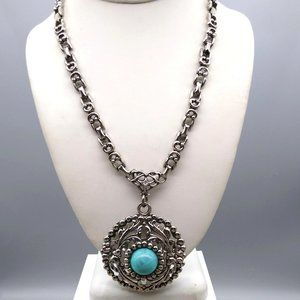 Vintage Bold and Chunky Medallion Lavalier, Marbled Plastic Cabochon Pendant